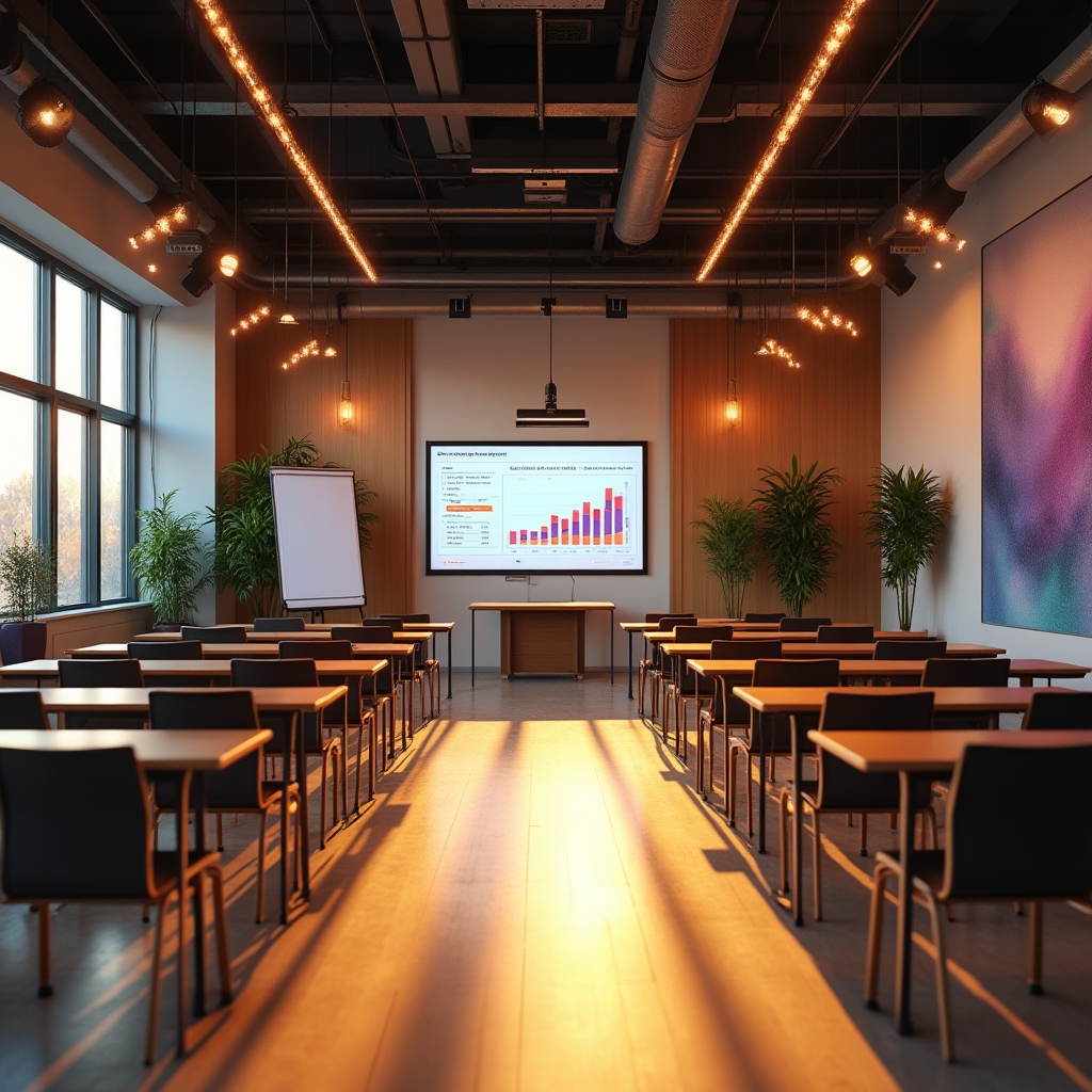 Sala workshop principale di Qulenvrix Hub con tavoli e lavagne per la formazione